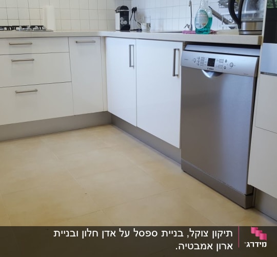 מטבח עם ארונות לבנים ומכשירי חשמל מודרניים